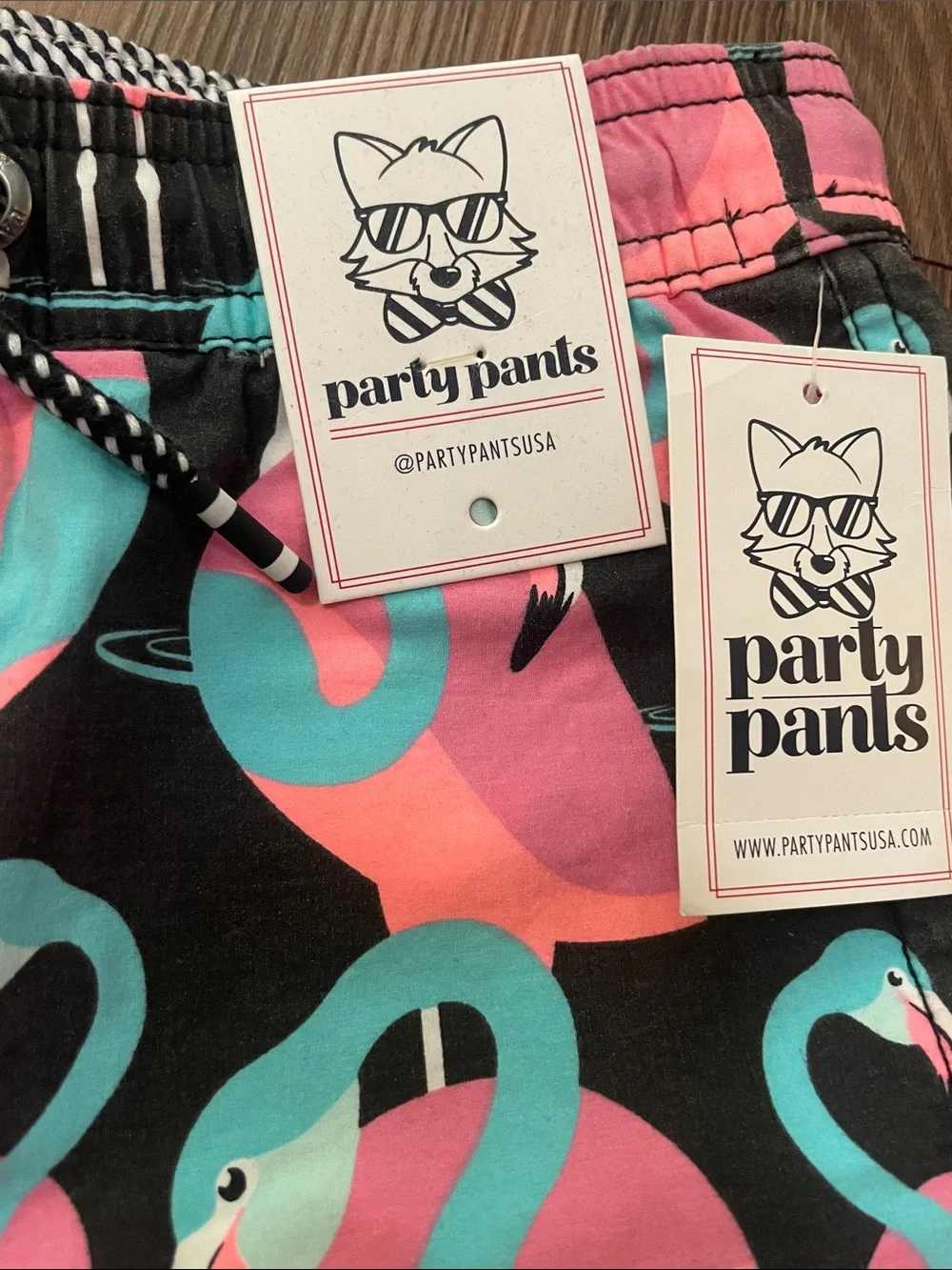 PARTY PANTS Black Boys Tinkerpon swim shorts with flamingos,Sz.M!NWT